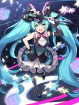 1girl absurdres aqua_eyes aqua_hair argyle argyle_legwear asymmetrical_gloves asymmetrical_legwear bangs breasts commentary_request elbow_gloves eyebrows_visible_through_hair facepaint frilled_skirt frills from_above full_body gloves hand_on_hip hatsune_miku highres holding holding_microphone korean_commentary long_hair looking_at_viewer magical_mirai_(vocaloid) medium_breasts microphone microphone_wand open_mouth pantyhose sidelocks skirt sleeveless smile solo standing star star-shaped_pupils striped striped_legwear symbol-shaped_pupils twintails upper_teeth very_long_hair vocaloid white_gloves wrist_cuffs z_loader 