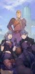  1girl 2boys absurdres armor beard belt black_armor black_gloves black_shorts blue_eyes blue_hair brown_eyes brown_hair bucket byleth_(fire_emblem) byleth_eisner_(female) byleth_eisner_(male) cat closed_mouth dagger facial_hair father_and_daughter father_and_son fire_emblem fire_emblem:_three_houses fish gloves highres holding jeralt_reus_eisner kneeling medium_hair multiple_boys open_mouth pantyhose sheath sheathed short_hair shorts squatting velahka weapon 