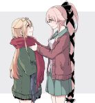  2girls aqua_skirt black_ribbon blonde_hair blue_scarf brown_cardigan buttons eyebrows_visible_through_hair from_side gradient_hair green_coat green_eyes hair_flaps hair_ribbon holding_scarf kantai_collection kuromaru_(dottomatto) long_hair looking_at_another multicolored_hair multiple_girls pink_hair pleated_skirt ponytail red_eyes red_scarf remodel_(kantai_collection) ribbon sailor_collar scarf school_uniform serafuku shirt sidelocks simple_background skirt smile very_long_hair white_shirt yura_(kantai_collection) yuudachi_(kantai_collection) 
