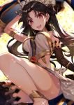  1girl :d arm_up bangs bare_shoulders black_hair black_legwear black_sleeves blush breasts detached_sleeves earrings eyebrows_visible_through_hair fate/grand_order fate_(series) glint hakuishi_aoi heavenly_boat_maanna holding holding_weapon hoop_earrings ishtar_(fate/grand_order) jewelry long_hair long_sleeves looking_at_viewer medium_breasts open_mouth parted_bangs red_eyes single_detached_sleeve single_thighhigh smile solo thigh-highs tiara two_side_up upper_teeth very_long_hair weapon 