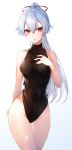  1girl ass_visible_through_thighs bangs bare_arms bare_shoulders black_leotard breasts collarbone covered_collarbone eyebrows_behind_hair fate/grand_order fate_(series) gradient gradient_background grey_background groin hair_between_eyes hakuishi_aoi hand_on_own_chest hand_up high_ponytail highres leotard long_hair medium_breasts pink_hair red_eyes silver_hair solo thigh_gap tomoe_gozen_(fate/grand_order) twitter_username very_long_hair white_background 