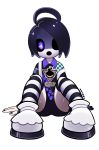  1boy absurdres ahoge black_hair gloves gym_leader highres looking_at_viewer male_focus mask onion_(pokemon) pokemon pokemon_(game) pokemon_swsh shirt short_hair shorts sitting solo striped striped_legwear suspenders usa-guillotine violet_eyes 