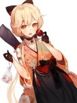  1girl :o bag bagged_fish bangs black_bow black_gloves black_hakama blonde_hair blush bow candy_apple checkered checkered_bow commentary dutch_angle eyebrows_visible_through_hair fang fish floral_print food girls_frontline gloves goldfish hair_bow hakama holding holding_food japanese_clothes khj kimono long_hair long_sleeves looking_at_viewer low_ponytail multicolored multicolored_clothes multicolored_kimono orange_eyes ots-14_(girls_frontline) print_kimono skin_fang solo tassel water wide_sleeves 