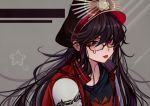  1girl bespectacled black_hair commentary_request fate/grand_order fate_(series) glasses hat jacket long_hair looking_at_viewer marchab_66 military_hat oda_nobunaga_(fate) oda_nobunaga_(fate)_(all) oda_nobunaga_(swimsuit_berserker)_(fate) oda_uri open_mouth peaked_cap red_eyes shirt solo t-shirt tongue tongue_out upper_body 