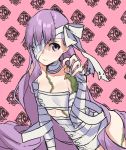  1girl bandage_over_one_eye bandaged_arm bandaged_head bandages bangs bare_shoulders blush breasts closed_mouth fate/extra fate/extra_ccc fate_(series) hand_up kingprotea long_hair looking_at_viewer moss naked_bandage pink_background purple_hair small_breasts solo teshima_nari very_long_hair violet_eyes 