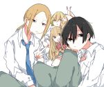  2boys 2girls :d :o black_hair blonde_hair blue_neckwear bow brown_hair chestnut_mouth echizen_(tanakeda) grey_pants hair_between_eyes hand_on_own_knee hand_up long_hair miyano_(tanakeda) multiple_boys multiple_girls necktie nishiki1225 oota_(tanakeda) open_mouth pale_skin pants pose red_bow school_uniform shirt simple_background sitting smile tanaka-kun_wa_itsumo_kedaruge tanaka_(tanakeda) v white_background white_shirt 