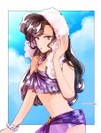  1girl :o adapted_costume airagency1005 bangs bare_shoulders bikini blue_sky border bracelet brown_hair day disney dress hercules_(disney) highres jewelry long_hair looking_at_viewer megara_(disney) midriff purple_bikini purple_dress sideways_glance skirt skirt_set sky sleeveless solo swimsuit towel towel_on_head violet_eyes white_background wiping_face 