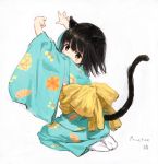  1girl animal_ears back_bow bangs black_hair blue_kimono bow brown_eyes cat_ears cat_girl cat_tail closed_mouth eyebrows_behind_hair full_body highres japanese_clothes kimono long_sleeves looking_at_viewer looking_to_the_side no_shoes obi original print_kimono sash seiza sho_(sho_lwlw) sitting socks soles solo tail tail_raised whisker_markings white_legwear wide_sleeves yellow_bow 