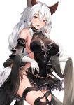  1girl animal_ears backless_dress backless_outfit bangs belly_chain black_dress black_legwear blush braid breasts cat_ears covered_navel dress elbow_gloves erune gloves granblue_fantasy hair_intakes hair_tubes heles jewelry large_breasts long_hair looking_at_viewer open_mouth sash sidelocks silver_hair simple_background single_braid smile solo suzuame_yatsumi thigh_strap thighs white_background white_gloves yellow_eyes 