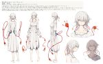  1girl bangs barefoot breasts character_sheet dress facing_away hair_flaps hair_over_one_eye hair_ribbon highres kairogi_meura looking_at_viewer multiple_views one_eye_covered original parted_lips profile ribbon simple_background sleeves_past_elbows smile standing tail tail_through_clothes tentacles translation_request tress_ribbon turnaround white_background white_dress white_hair yushika 