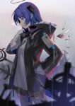 1girl arknights bangs black_jacket black_shorts blue_eyes blue_hair blurry blurry_background blurry_foreground breasts breath clouds cloudy_sky commentary_request curled_horns depth_of_field eyebrows_visible_through_hair gloves halo hood hood_down hooded_jacket horns hua_ye jacket long_sleeves looking_away mostima_(arknights) open_clothes open_jacket outdoors overcast profile rain shirt short_shorts shorts sky small_breasts solo white_gloves white_shirt 