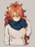  1girl alternate_costume android android_21 black-framed_eyewear blue_eyes brown_hair curly_hair dragon_ball dragon_ball_fighterz glasses jewelry kemachiku long_hair looking_at_viewer scarf solo sweater winter_clothes 
