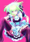  1boy apron crossdressinging dress frills garter_straps green_hair hand_on_own_cheek highres lio_fotia looking_at_viewer maid maid_headdress male_focus otoko_no_ko promare short_hair solo thigh-highs violet_eyes ytairui 