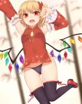  1girl :d alternate_costume armpits arms_up bangs bare_shoulders black_legwear black_panties blonde_hair blurry blurry_background bow breasts china_dress chinese_clothes commentary_request covered_navel cowboy_shot crystal detached_sleeves dress fang flandre_scarlet floral_print hair_between_eyes hair_bow long_sleeves looking_at_viewer mary_janes miyo_(ranthath) no_hat no_headwear one_side_up open_mouth panties red_bow red_dress red_eyes red_footwear shoes short_dress short_hair side-tie_panties small_breasts smile solo standing standing_on_one_leg thigh-highs thighs touhou underwear wide_sleeves wings 