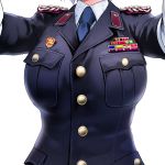 1girl breast_pocket breasts buttons cowboy_shot epaulettes gloves head_out_of_frame large_breasts military military_rank_insignia military_uniform necktie original outstretched_arms pocket samazuka_mashiro solo uniform white_background white_gloves
