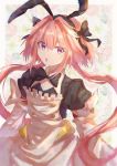 1boy astolfo_(fate) astolfo_(saber)_(fate) bangs black_bow black_dress black_gloves black_neckwear black_ribbon blush bow bowtie buttons dress fate/grand_order fate_(series) floral_background gloves hair_between_eyes hair_bow hair_intakes hair_ribbon hamachamu juliet_sleeves long_hair long_sleeves looking_at_viewer low_twintails multicolored_hair open_mouth otoko_no_ko pink_hair puffy_sleeves ribbon skirt solo streaked_hair twintails violet_eyes white_hair white_skirt wide_sleeves wing_collar 