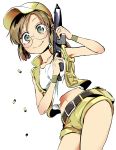  1girl belt blouse brown_eyes brown_hair cowboy_shot finger_on_trigger fio_germi glasses gun hat highres legs metal_slug nakahara_kaihei navel ponytail round_eyewear shell_casing short_hair shorts sleeveless smile solo submachine_gun vest visor_cap weapon white_blouse wrist_cuffs 