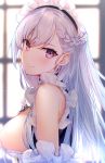  1girl apron azur_lane bangs belfast_(azur_lane) blurry blurry_background blush braid breasts chain collar dress eyebrows_visible_through_hair french_braid frills from_side hakuishi_aoi highres indoors large_breasts light_particles long_hair looking_at_viewer maid maid_headdress silver_hair smile solo twitter_username upper_body violet_eyes window 