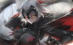  1girl ahoge armor artist_name bangs blush breasts cape chain commentary eyebrows_visible_through_hair fate/grand_order fate_(series) glowing glowing_eyes gray_bear jeanne_d&#039;arc_(alter)_(fate) jeanne_d&#039;arc_(fate)_(all) large_breasts looking_at_viewer red_cape short_hair silver_hair smile solo watermark web_address yellow_eyes 