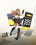  1girl :d ahoge bangs bare_shoulders black_footwear black_gloves black_shorts boots breasts character_name choker dark_skin eyebrows_visible_through_hair eyewear_on_head floating_hair full_body girls_frontline gloves green_eyes green_hair gun hand_up highres holding holding_gun holding_weapon knee_boots large_breasts liberator_(girls_frontline) long_hair looking_at_viewer messy_hair multicolored_hair open_mouth peace_symbol shield short_shorts shorts shotgun sidelocks smile solo streaked_hair sunglasses tinted_eyewear trigger_discipline weapon white_tank_top winchester_liberator 