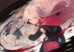  1girl axe bangs black_dress black_jacket braid cape commentary_request cropped_jacket dress edelgard_von_hresvelg fire_emblem fire_emblem:_three_houses furukawa_itsuse gloves hair_ribbon holding holding_axe jacket light_brown_hair long_hair long_sleeves looking_at_viewer monster pantyhose parted_bangs parted_lips purple_ribbon red_cape red_legwear ribbon slashing solo_focus v-shaped_eyebrows very_long_hair violet_eyes white_gloves 