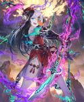  1girl :d artist_request bandages bare_shoulders black_hair detached_sleeves fighting_jiangshi gauntlets gem hat jiangshi long_hair looking_at_viewer mountain multicolored_hair naginata official_art ofuda open_mouth polearm shadowverse smile solo thighlet two-tone_hair undead upper_teeth violet_eyes weapon white_hair white_skin 