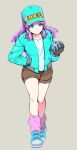  1girl aqua_footwear aqua_headwear aqua_jacket bangs bare_legs baseball_cap black_gloves blue_eyes blunt_bangs boots breasts brown_shorts bulma character_name closed_mouth clothes_writing collarbone dragon_ball dragon_ball_(classic) dragon_radar frown full_body gloves grey_background hand_in_pocket hat holding jacket leather leather_jacket leg_warmers libeuo_(liveolivel) long_hair looking_away medium_breasts open_clothes open_jacket pink_legwear purple_hair pursed_lips shaded_face shirt shorts sidelocks simple_background solo standing v-shaped_eyebrows walking white_shirt 