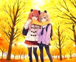  2girls animal_ears autumn bag brown_hair character_request coffee_cup commentary_request cup disposable_cup duffel_coat long_hair looking_at_viewer multiple_girls neptune_(series) original panda_ears pantyhose red_eyes redhead scarf school_uniform shakeko_(neptune_series) shared_scarf signature thigh-highs tsunako twitter_username violet_eyes zettai_ryouiki 