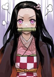  1girl bamboo bit_gag black_hair blush checkered_obi flat_chest forehead furrowed_eyebrows gag hair_ribbon haori highres japanese_clothes kamado_nezuko kimetsu_no_yaiba kimono looking_at_viewer nhaliz obi pink_kimono pink_ribbon pout ribbon sash solo violet_eyes 