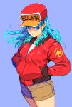  1girl aqua_background bare_legs baseball_cap blue_eyes blue_hair breasts brown_shorts bulma character_name closed_mouth clothes_writing cowboy_shot dragon_ball dragon_ball_(classic) dutch_angle expressionless floating_hair hands_in_pockets hat jacket leather leather_jacket libeuo_(liveolivel) long_hair looking_away medium_breasts partially_unzipped red_headwear red_jacket shaded_face shirt shorts simple_background solo star thighs white_shirt zipper 