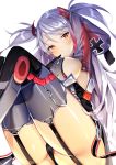  1girl absurdres arm_up azur_lane black_gloves black_panties boots breasts commentary_request detached_sleeves eyebrows_visible_through_hair garter_straps gloves gradient_hair highres iron_cross legs_together long_hair long_sleeves looking_at_viewer medium_breasts multicolored_hair panties prinz_eugen_(azur_lane) red_eyes redhead sideboob silver_hair simple_background solo thigh-highs thigh_boots thighs twintails two-tone_hair underwear wakamore_(getguacamole) white_background 
