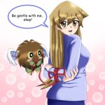  1girl amber_eyes arms_behind_back arms_folded blonde_hair blue_sweater blush bound bound_arms bound_wrists cute deviantart happy long_hair looking_at_viewer looking_back open_mouth red_ribbon ribbon sincity2100 tenjouin_asuka tied_up winged_kuriboh yu-gi-oh! yuu-gi-ou_gx 