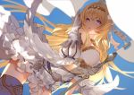  1girl ahoge armor armored_boots bangs bare_shoulders blonde_hair blue_eyes boots breasts dress flag full_body gloves granblue_fantasy hair_ornament holding holding_sword holding_weapon jeanne_d&#039;arc_(granblue_fantasy) long_hair medium_breasts nido_celisius open_mouth petals polearm single_glove sleeveless sleeveless_dress solo sword thigh-highs thigh_boots torn_clothes torn_dress weapon white_dress 