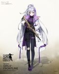  1girl ankkoyom bangs blue_ribbon blush commentary_request copyright_name eyebrows_visible_through_hair girls_frontline grey_hair gun highres holding holding_gun holding_weapon jacket long_hair long_sleeves looking_at_viewer open_mouth pants ponytail purple_sweater ribbon rifle scar scar_across_eye shoes sniper_rifle solo sweater very_long_hair weapon white_jacket 