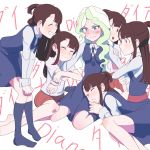  6+girls absurdres arm_around_shoulder blue_eyes blush brown_hair clone closed_mouth diana_cavendish embarrassed english_text hand_on_another&#039;s_shoulder happy harem highres jacksou kagari_atsuko legs little_witch_academia long_hair looking_at_another luna_nova_school_uniform lying_on_lap multicolored_hair multiple_girls open_mouth red_eyes school_uniform shorts skirt smile socks talking thighs translated two-tone_hair uniform wavy_hair wavy_mouth 