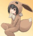  1girl animal_ears bangs between_legs black_hair blush brown_background brown_eyes commentary_request cosplay eevee eevee_(cosplay) eevee_ears eevee_tail eyebrows_visible_through_hair fake_animal_ears fake_tail gen_1_pokemon hair_between_eyes hand_between_legs highres looking_at_viewer open_mouth poke_kid_(pokemon) pokemon pokemon_(game) pokemon_swsh shadow sitting solo tail upper_teeth yakihebi 