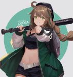  1girl ahoge arknights backpack bag baseball_bat belt beret black_headwear black_shirt black_shorts braid breasts brown_hair character_name commentary_request copyright_name cowboy_shot crop_top cuora_(arknights) green_eyes green_jacket grin hand_up hat highres holding jacket long_hair long_sleeves looking_at_viewer midriff multicolored_hair navel off_shoulder open_clothes open_jacket pointing pointing_at_viewer raglan_sleeves rainmood shirt short_shorts shorts single_braid sleeveless sleeveless_shirt small_breasts smile solo streaked_hair 