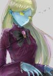  1girl black_bow blue_skin bow breasts dress ghost grey_background karasu_mp3 lace lace-trimmed_dress luigi&#039;s_mansion super_mario_bros. melody_pianissima platinum_blonde_hair purple_dress simple_background small_breasts solid_eyes solo yellow_eyes 