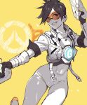  1girl bomber_jacket breasts brown_hair covered_navel cowboy_shot dual_wielding finger_on_trigger goggles grin gun handgun harness holding holding_gun holding_weapon jacket lino_chang logo looking_at_viewer medium_breasts multiple_monochrome overwatch overwatch_2 pants pistol short_hair simple_background sketch smile solo spiky_hair tight tight_pants tracer_(overwatch) weapon yellow_background 