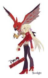  1girl bird blonde_hair blue_eyes eagle edelgard_von_hresvelg fire_emblem fire_emblem:_three_houses full_body highres long_hair looking_at_viewer pants pokemon pokemon_(creature) simple_background solo soramame_(corndog) white_background 