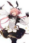  1boy astolfo_(fate) astolfo_(saber)_(fate) bangs black_bow black_gloves black_legwear black_ribbon blush bow bowtie commentary_request dress fate/apocrypha fate_(series) frills gloves hair_bow hair_intakes hair_ribbon happy highres holding long_hair long_sleeves looking_at_viewer multicolored_hair one_eye_closed ororooops otoko_no_ko pink_hair ribbon simple_background smile solo streaked_hair twintails violet_eyes white_background white_hair 