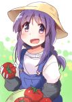  1girl bangs blush commentary_request eyebrows_visible_through_hair farmer green_background hat hinata_yukari holding long_hair long_sleeves looking_at_viewer open_mouth overalls purple_hair simple_background smile solo sun_hat suspenders tatsunokosso tomato violet_eyes white_background yuyushiki 