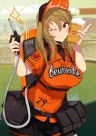  1girl absurdres alcohol beer black_shirt blush breasts commentary_request eyebrows_visible_through_hair hair_between_eyes heart highres large_breasts looking_at_viewer nanakaku number one_eye_closed orange_shirt original outdoors red_eyes shirt short_sleeves smile solo thank_you 