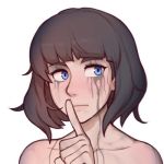 1girl bangs black_hair blue_eyes blunt_bangs collarbone death_stranding dross expressionless freckles lips lowres makeup mascara nude portrait runny_makeup short_hair solo suzi_(the_sphere_hunter) white_background youtube 