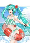  1girl aqua_hair bikini bracelet clouds commentary_request flower green_eyes hair_flower hair_ornament hatsune_miku highres innertube jewelry long_hair nail_polish number_tattoo open_mouth outdoors partial_commentary sanada_yuuki sky solo striped striped_bikini swimsuit tattoo twintails very_long_hair vocaloid water 