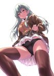  1girl absurdres aqua_eyes aqua_hair bangs black_panties blush breasts brown_legwear closed_mouth highres jacket kantai_collection large_breasts long_hair long_sleeves looking_at_viewer panties pleated_skirt school_uniform shirt sidelocks simple_background skirt skirt_lift smile solo suzuya_(kantai_collection) thigh-highs ulrich_(tagaragakuin) underwear white_background 