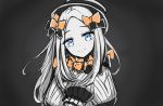  1girl abigail_williams_(fate/grand_order) admjgdme bangs blue_eyes bow closed_mouth commentary_request dress fate/grand_order fate_(series) forehead hair_bow hat head_tilt highres long_hair long_sleeves looking_at_viewer orange_bow parted_bangs partially_colored sleeves_past_fingers sleeves_past_wrists smile solo upper_body 