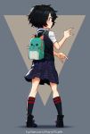  1girl \m/ ankle_boots backpack bag black_hair black_legwear black_neckwear blush boots brown_eyes cat_bag commentary english_commentary from_behind full_body highres kneehighs marvel mathias_leth peni_parker petite pigeon-toed plaid plaid_skirt school_uniform short_hair simple_background skirt solo spider-man:_into_the_spider-verse spider-man_(series) sweater_vest twitter_username watermark web_address 