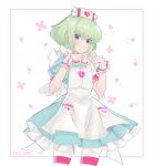  1boy blush crossdressinging dress frills green_hair hat highres lio_fotia looking_at_viewer male_focus nurse nurse_cap otoko_no_ko promare rice_(rice8p) short_hair short_sleeves solo striped striped_legwear violet_eyes 