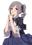  1girl :d black_capelet blue_bow blue_neckwear blue_ribbon blue_skirt blush bow capelet center_frills collar cowboy_shot drill_hair floral_print frilled_shirt frills hair_bow hands_clasped highres idolmaster idolmaster_cinderella_girls kanzaki_ranko long_hair neck_ribbon open_mouth own_hands_together print_capelet red_eyes ribbon rose_print see-through shirt short_sleeves sidelocks simple_background skirt smile solo striped striped_bow twin_drills twintails vertical-striped_skirt vertical_stripes white_background yahiro_(epicopeiidae) 